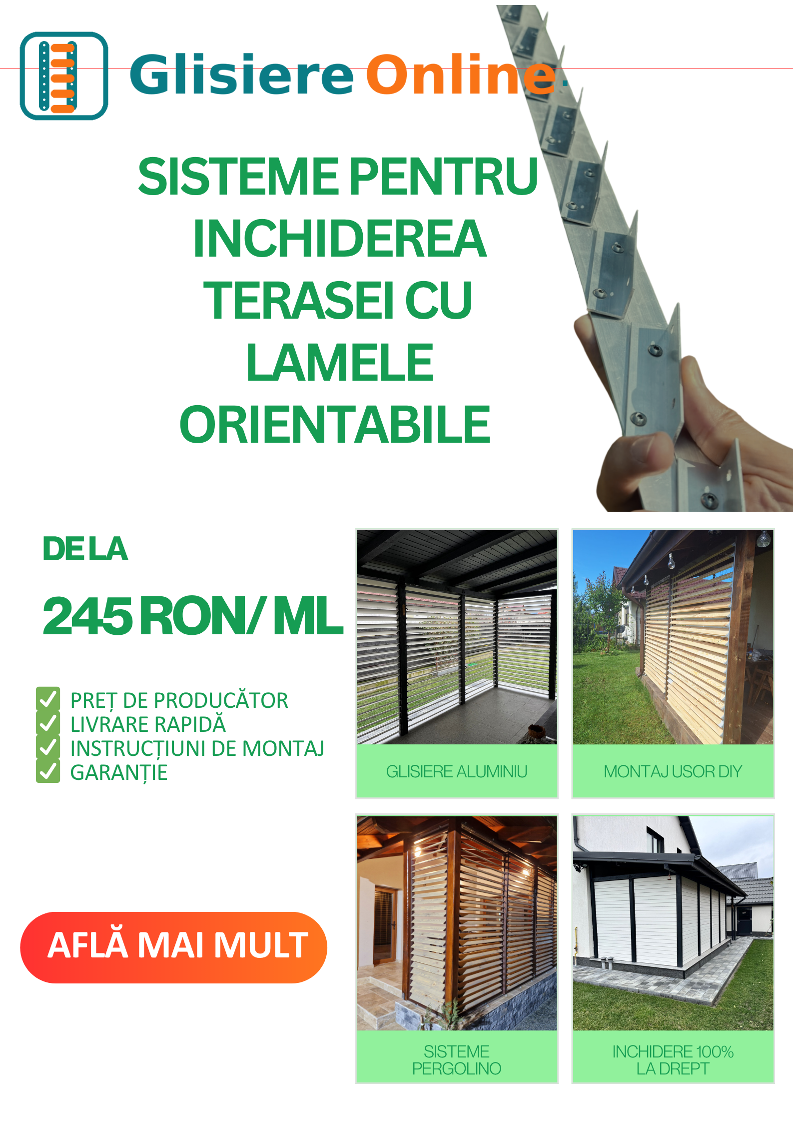 Glisiere din aluminiu montate pe o pergolă pentru lamele orientabile